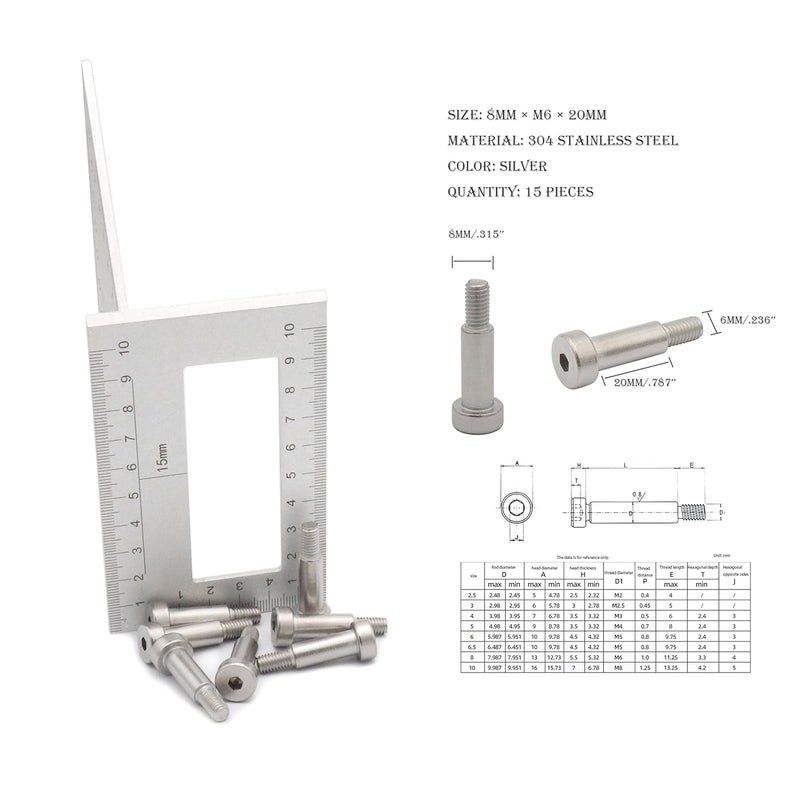 SCXCLY 15pcs Hex Socket Shoulder Bolt, 8mm x M6 x 20mm Hex Socket Shoulder Bolt, 304 Stainless Steel (Silvery) - Image 2